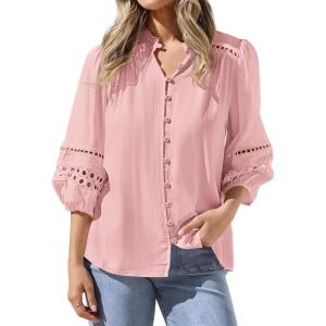 image:imageBTFBM 34 Length Sleeve Womens Tops Summer Blouses Eyelet Hollow Out Button Down Shirts Business Casual Outfits 2026Pink