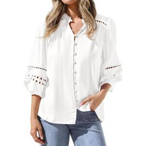 image:imageBTFBM 34 Length Sleeve Womens Tops Summer Blouses Eyelet Hollow Out Button Down Shirts Business Casual Outfits 2026White