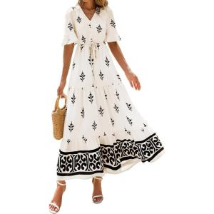 image:imageBTFBM Boho Dresses for Women 2026 Summer Spring Casual Floral Short Sleeve V Neck Flowy ALine Maxi Party Dress PocketsFloral Apricot Black