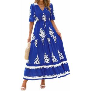 image:imageBTFBM Boho Dresses for Women 2026 Summer Spring Casual Floral Short Sleeve V Neck Flowy ALine Maxi Party Dress PocketsFloral Blue White