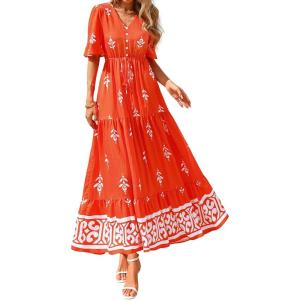 image:imageBTFBM Boho Dresses for Women 2026 Summer Spring Casual Floral Short Sleeve V Neck Flowy ALine Maxi Party Dress PocketsFloral Orange Red Apricot