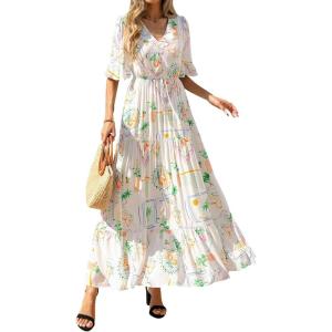 image:imageBTFBM Boho Dresses for Women 2026 Summer Spring Casual Floral Short Sleeve V Neck Flowy ALine Maxi Party Dress PocketsFloral White Multi
