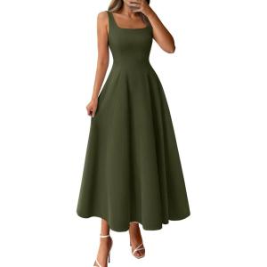 image:imageBTFBM Elegant Cocktail Dresses for Women 2026 Summer Square Neck Sleeveless A Line Formal Wedding Guest Party Maxi DressArmy Green