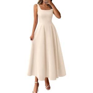 image:imageBTFBM Elegant Cocktail Dresses for Women 2026 Summer Square Neck Sleeveless A Line Formal Wedding Guest Party Maxi DressBeige