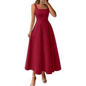 image:imageBTFBM Elegant Cocktail Dresses for Women 2026 Summer Square Neck Sleeveless A Line Formal Wedding Guest Party Maxi DressBurgundy