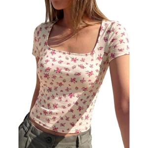 image:imageBTFBM Floral Square Neck Tops for Women 2026 Trendy Summer Outfits Short Sleeve Shirts Boho Top Beach Vacation ClothesBeige Pink Flower