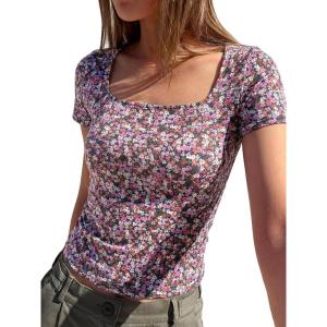image:imageBTFBM Floral Square Neck Tops for Women 2026 Trendy Summer Outfits Short Sleeve Shirts Boho Top Beach Vacation ClothesBlack Purple Pink Flower