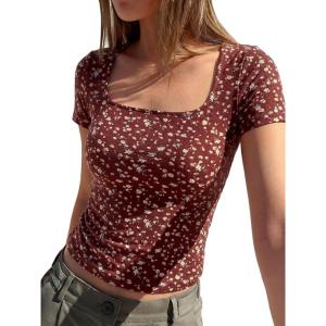 image:imageBTFBM Floral Square Neck Tops for Women 2026 Trendy Summer Outfits Short Sleeve Shirts Boho Top Beach Vacation ClothesBrown Beige Flower