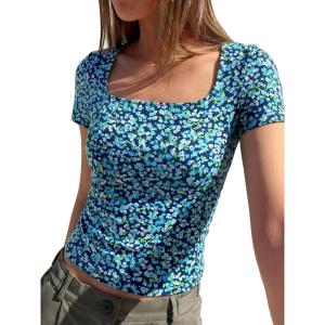 image:imageBTFBM Floral Square Neck Tops for Women 2026 Trendy Summer Outfits Short Sleeve Shirts Boho Top Beach Vacation ClothesDark Blue Blue Flower