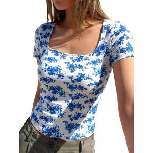 image:imageBTFBM Floral Square Neck Tops for Women 2026 Trendy Summer Outfits Short Sleeve Shirts Boho Top Beach Vacation ClothesWhite Blue Flower