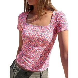 image:imageBTFBM Floral Square Neck Tops for Women 2026 Trendy Summer Outfits Short Sleeve Shirts Boho Top Beach Vacation ClothesWhite Pink Flower