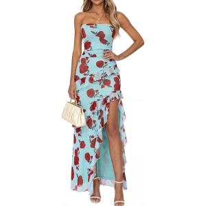 image:imageBTFBM Off The Shoulder Dresses for Women Summer 2026 Strapless Ruffle Slit Formal Wedding Guest Dress Cocktail PartyFloral Blue Rose