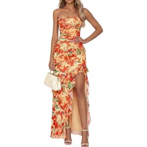 image:imageBTFBM Off The Shoulder Dresses for Women Summer 2026 Strapless Ruffle Slit Formal Wedding Guest Dress Cocktail PartyFloral Orange Red