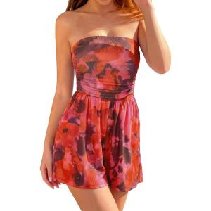 image:imageBTFBM Romper For Women 2026 Spring Strapless Printed Tube Boho Wide Leg Beach Short Jumpsuit Summer Date Night RompersFloral Red