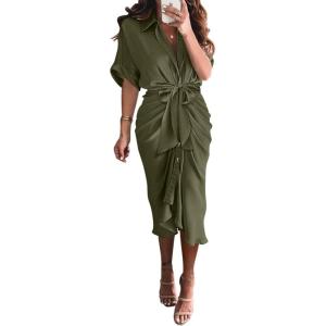 image:imageBTFBM Shirt Dresses for Women Spring Button Short Sleeve Silk Satin Ruched Maxi Summer Dress 2026 Cocktail Party WeddingArmy Green