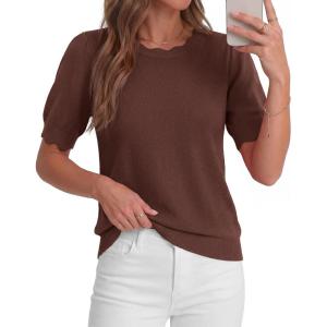 image:imageBTFBM Short Sleeve Sweater for Women 2026 Spring Summer Knit Basic Tops Lightweight Business Casual Vacation OutfitsBrown