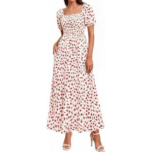 image:imageBTFBM Spring Summer Dresses for Women 2026 Puff Short Sleeve Smocked Floral Print Boho Beach Wedding Guest Maxi DressFloral Apricot Rose Red