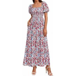 image:imageBTFBM Spring Summer Dresses for Women 2026 Puff Short Sleeve Smocked Floral Print Boho Beach Wedding Guest Maxi DressFloral Beige Multi