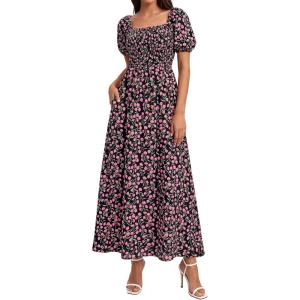 image:imageBTFBM Spring Summer Dresses for Women 2026 Puff Short Sleeve Smocked Floral Print Boho Beach Wedding Guest Maxi DressFloral Black Pink