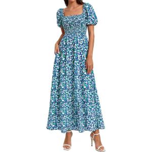 image:imageBTFBM Spring Summer Dresses for Women 2026 Puff Short Sleeve Smocked Floral Print Boho Beach Wedding Guest Maxi DressFloral Blue Green