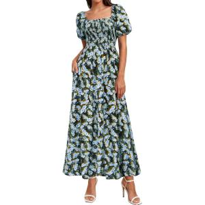 image:imageBTFBM Spring Summer Dresses for Women 2026 Puff Short Sleeve Smocked Floral Print Boho Beach Wedding Guest Maxi DressFloral Blue Yellow
