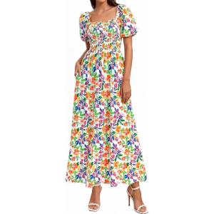 image:imageBTFBM Spring Summer Dresses for Women 2026 Puff Short Sleeve Smocked Floral Print Boho Beach Wedding Guest Maxi DressFloral Light Green Multi
