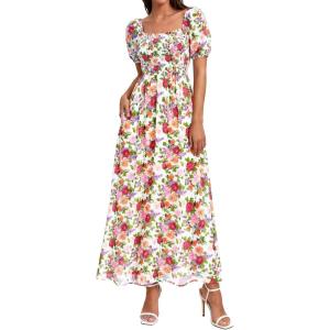 image:imageBTFBM Spring Summer Dresses for Women 2026 Puff Short Sleeve Smocked Floral Print Boho Beach Wedding Guest Maxi DressFloral White Multi