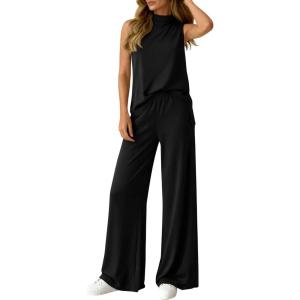 image:imageBTFBM Summer 2 Piece Lounge Sets For Women Sleeveless Mock Neck Wide Leg Loose Spring Vacation Airport Travel OutfitsBlack
