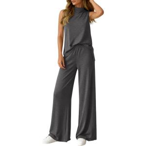 image:imageBTFBM Summer 2 Piece Lounge Sets For Women Sleeveless Mock Neck Wide Leg Loose Spring Vacation Airport Travel OutfitsDark Grey