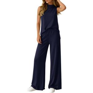 image:imageBTFBM Summer 2 Piece Lounge Sets For Women Sleeveless Mock Neck Wide Leg Loose Spring Vacation Airport Travel OutfitsNavy Blue