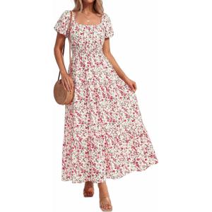 image:imageBTFBM Summer Dress for Women 2026 Spring Floral Short Sleeve Casual Flowy ALine Smocked Tiered Maxi Dresses PocketsFloral Apricot Red