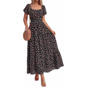 image:imageBTFBM Summer Dress for Women 2026 Spring Floral Short Sleeve Casual Flowy ALine Smocked Tiered Maxi Dresses PocketsFloral Black Pink