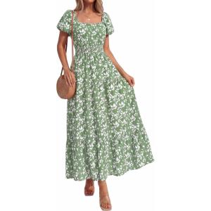 image:imageBTFBM Summer Dress for Women 2026 Spring Floral Short Sleeve Casual Flowy ALine Smocked Tiered Maxi Dresses PocketsFloral Green White
