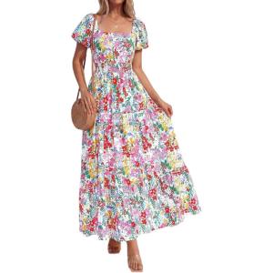 image:imageBTFBM Summer Dress for Women 2026 Spring Floral Short Sleeve Casual Flowy ALine Smocked Tiered Maxi Dresses PocketsFloral White Multicolor