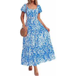 image:imageBTFBM Summer Dress for Women 2026 Spring Floral Short Sleeve Casual Flowy ALine Smocked Tiered Maxi Dresses PocketsLeaf Blue