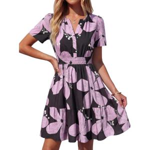 image:imageBTFBM Summer Dresses for Women 2026 Lightweight Casual Short Sleeve Floral Mini Dress A Line Beach Vacation SundressBlack Purple Flower