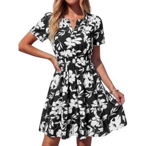 image:imageBTFBM Summer Dresses for Women 2026 Lightweight Casual Short Sleeve Floral Mini Dress A Line Beach Vacation SundressBlack White Flower