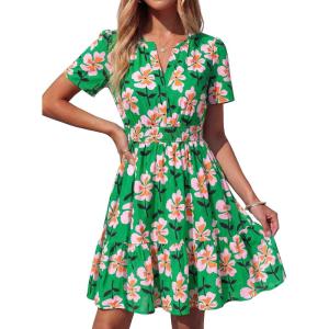 image:imageBTFBM Summer Dresses for Women 2026 Lightweight Casual Short Sleeve Floral Mini Dress A Line Beach Vacation SundressGreen Pink Flower