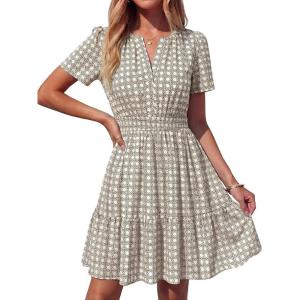 image:imageBTFBM Summer Dresses for Women 2026 Lightweight Casual Short Sleeve Floral Mini Dress A Line Beach Vacation SundressLight Khaki