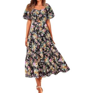 image:imageBTFBM Summer Dresses for Women 2026 Spring Outfits Beach Vacation Short Sleeve Smocked Boho Casual Floral Maxi DressFloral Black Yellow