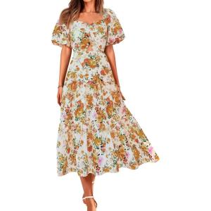 image:imageBTFBM Summer Dresses for Women 2026 Spring Outfits Beach Vacation Short Sleeve Smocked Boho Casual Floral Maxi DressFloral White Orange