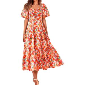image:imageBTFBM Summer Dresses for Women 2026 Spring Outfits Beach Vacation Short Sleeve Smocked Boho Casual Floral Maxi DressFloral White Red