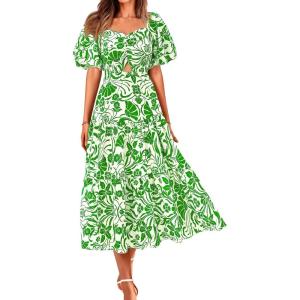 image:imageBTFBM Summer Dresses for Women 2026 Spring Outfits Beach Vacation Short Sleeve Smocked Boho Casual Floral Maxi DressPrint Grass Green