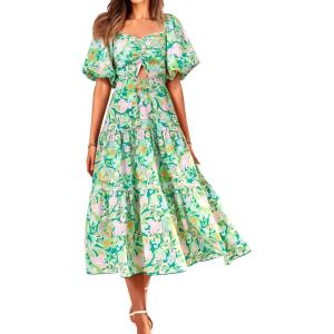 image:imageBTFBM Summer Dresses for Women 2026 Spring Outfits Beach Vacation Short Sleeve Smocked Boho Casual Floral Maxi DressPrint Green
