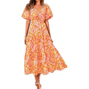 image:imageBTFBM Summer Dresses for Women 2026 Spring Outfits Beach Vacation Short Sleeve Smocked Boho Casual Floral Maxi DressPrint Orange