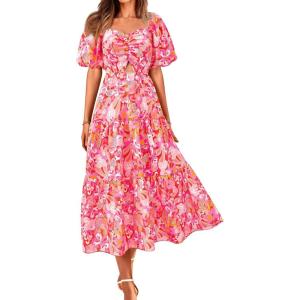 image:imageBTFBM Summer Dresses for Women 2026 Spring Outfits Beach Vacation Short Sleeve Smocked Boho Casual Floral Maxi DressPrint Pink