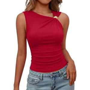image:imageBTFBM Summer Going Out Tops for Women 2026 Asymmetrical Sleeveless Ruched Y2k Top Date Night Outfits Fashion ClothingRed