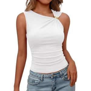 image:imageBTFBM Summer Going Out Tops for Women 2026 Asymmetrical Sleeveless Ruched Y2k Top Date Night Outfits Fashion ClothingWhite
