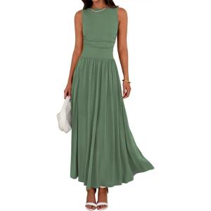 image:imageBTFBM Summer Maxi Dresses for Women 2026 Spring Sleeveless Casual Ruched High Waisted Long Sundress Flowy Beach DressBean Green
