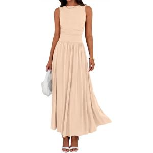 image:imageBTFBM Summer Maxi Dresses for Women 2026 Spring Sleeveless Casual Ruched High Waisted Long Sundress Flowy Beach DressBeige